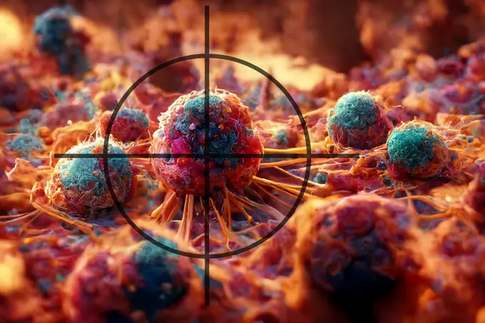 Targeting Cancer Nahaufnahme von Krebszellen in lebendigen Farben, mit einer Zielmarkierung über einer der Zellen. Die Zellen erscheinen unregelmäßig und gefärbt, was auf aktive biologische Prozesse hinweist. Der Hintergrund ist unscharf und verstärkt den Fokus auf die Zellen im Vordergrund.