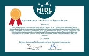 Certificate awarded for the "Audience Award - Best Short Oral Presentations" at the MIDL conference in Lübeck 2021. It lists multiple recipients and recognizes their paper on the limitations of performance metrics in biomedical language analysis.