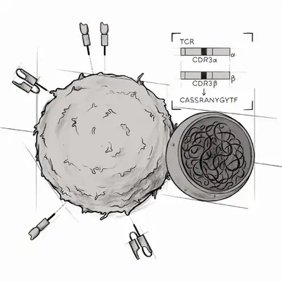 Eine schematische Darstellung einer Zelle mit einer runden, unregelmäßigen Oberfläche. Daneben befindet sich eine detaillierte Ansicht einer Struktur mit DNA-ähnlichen Fäden und Beschriftungen zur T-Zell-Rezeptorstruktur (TCR) und den CDR-Regionen (CDRα und CDRβ).