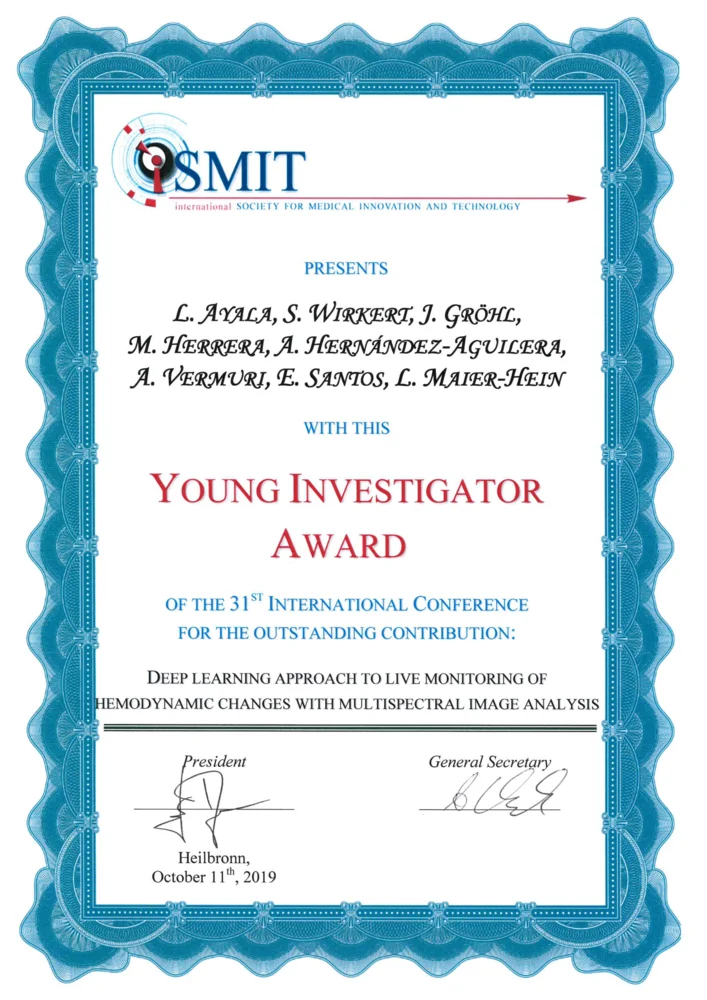 Certificate presented by the International Society for Medical Innovation and Technology recognizing L. Avila, S. Winkert, J. Grohl, M. Herrera, A. Hernández-Aguillera, A. Vermouri, E. Santos, and L. Maier-Hein with the Young Investigator Award at the 31st International Conference for their work on live monitoring of hemodynamic changes.