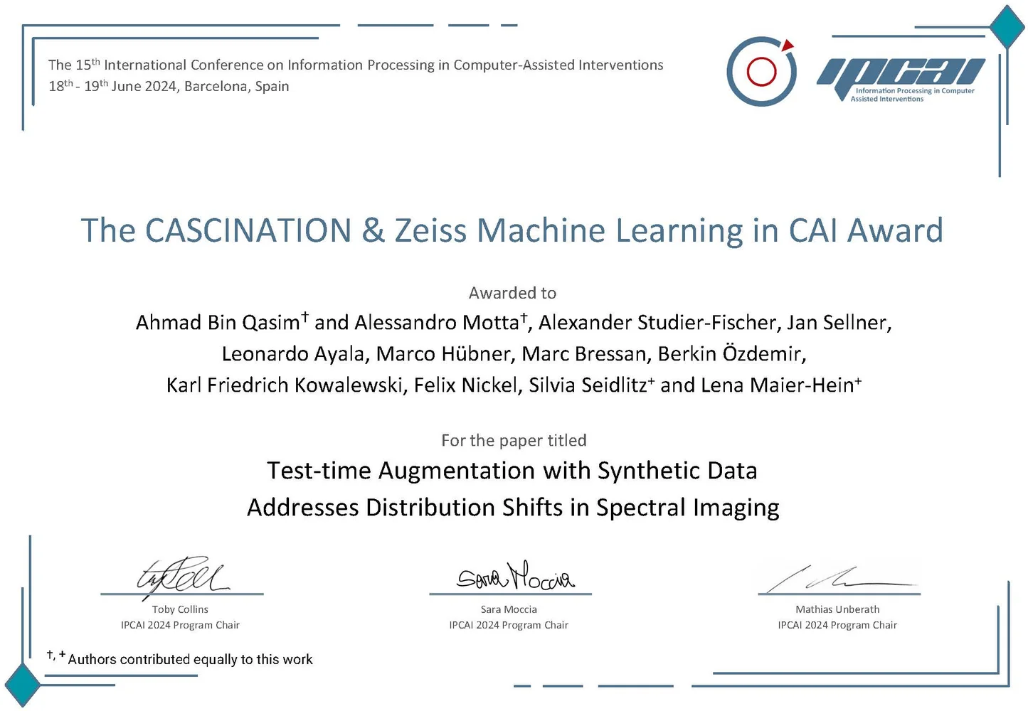 Award certificate for the CASCINATION & Zeiss Machine Learning in Computer-Assisted Interventions (CAI) Award, granted to multiple recipients for their paper on using test-time augmentation with synthetic data to address distribution shifts in spectral imaging. The award recognizes contributions to the field of medical imaging.