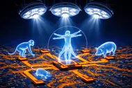 Eine futuristische Darstellung zeigt einen menschlichen, transparenten Umriss in der Mitte, umgeben von einem Schaltkreis. links ein Affe, rechts ein Schwein und unten eine Maus, die alle auf orangefarbenen Platinen stehen. Über ihnen hängen drei chirurgische Lampen.