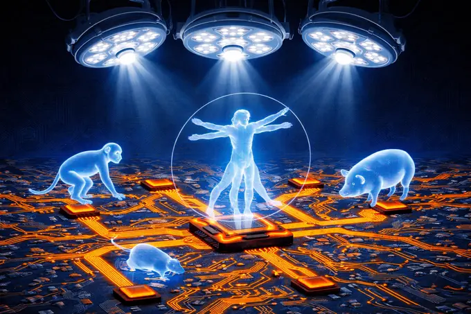 Eine futuristische Darstellung zeigt einen menschlichen, transparenten Umriss in der Mitte, umgeben von einem Schaltkreis. links ein Affe, rechts ein Schwein und unten eine Maus, die alle auf orangefarbenen Platinen stehen. Über ihnen hängen drei chirurgische Lampen.