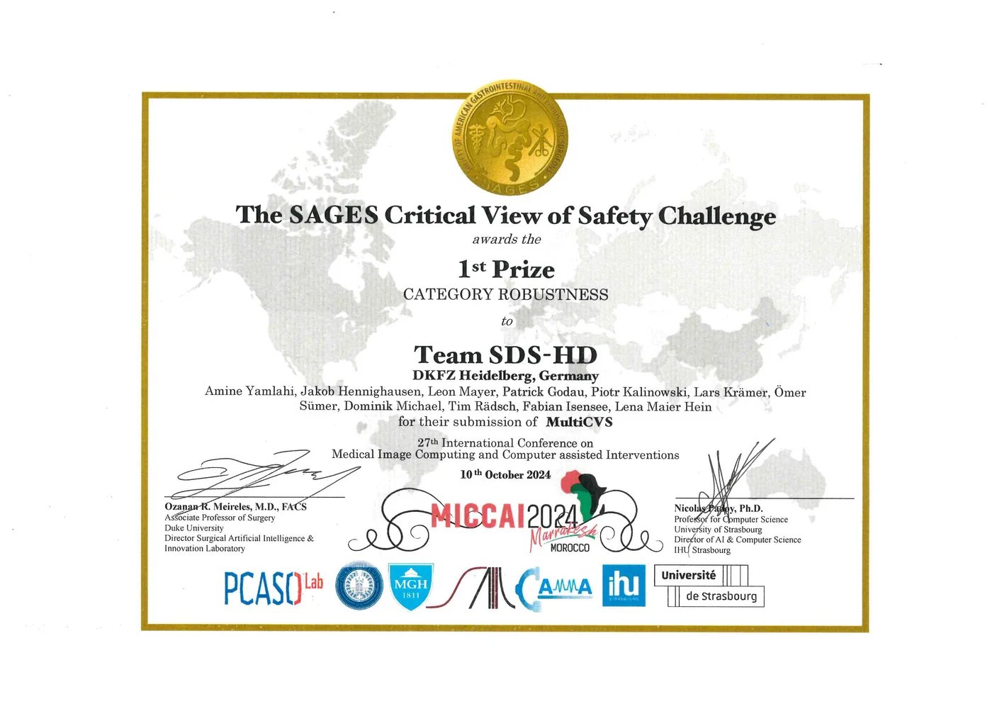 This image is a certificate awarded to Team SDS-HD for winning 1st prize in the "Category Robustness" at the SAGES Critical View of Safety Challenge. It includes the event details and date: 28 October 2024, and is part of the Medical Image Computing and Computer-Assisted Intervention conference.