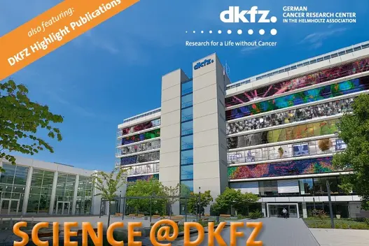 Image of the German Cancer Research Center (DKFZ) building, featuring modern architecture surrounded by greenery. The foreground includes plants, and the top displays the DKFZ logo along with the text "Research for a Life without Cancer" and "SCIENCE @ DKFZ" in large orange letters.