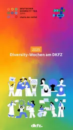 Das Bild kündigt die Diversity-Wochen 2025 am DKFZ an. Es zeigt eine bunte Hintergrundgestaltung und Illustrationen von Menschen, die Vielfalt symbolisieren. Der Text weist auf den Deutschen Diversity-Tag und die Charta der Vielfalt hin.