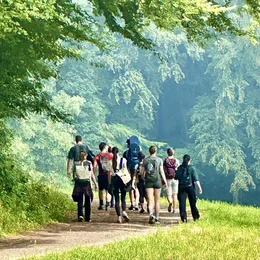 Eine Gruppe von Menschen wandert einen schmalen Weg durch einen grünen Wald, umgeben von hohen Bäumen. Einige Personen tragen Rucksäcke, und es gibt eine fröhliche, entspannte Atmosphäre.