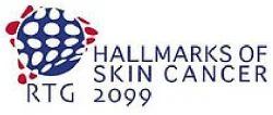 Logo der RTG „Hallmarks of Skin Cancer“ mit der Jahreszahl 2099. Das Design enthält eine stilisierte Darstellung von Zellen, geprägt von blauen und roten Farben.