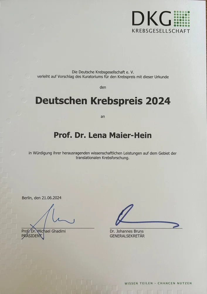 Certificate awarded to Prof. Dr. Lena Maier-Hein by the German Cancer Society for outstanding scientific contributions in the field of translational cancer research. Dated June 21, 2024, and signed by officials.