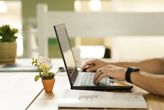 Eine Person tippend an einem Laptop auf einem Tisch, umgeben von einem kleinen Topfpflanze. Die Szene vermittelt eine angenehme und produktive Arbeitsatmosphäre, passend zu Themen der Online-Weiterbildung in der medizinischen Physik.