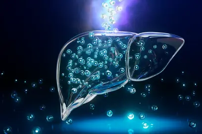 Eine transparente, gläserne Leberform, gefüllt mit schimmernden Blasen, schwebt in einem dunklen Raum. Aus der Leber steigen glitzernde Partikel auf, während ein sanftes Licht von unten strahlt.