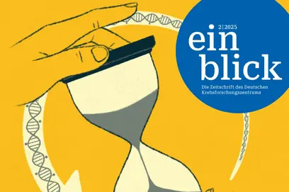 Das Bild zeigt eine stilisierte Sanduhr, die von zwei Händen gehalten wird. Der Hintergrund ist gelb, und der Titel "Die Uhr zurückdrehen" ist prominent platziert. Oben rechts befindet sich ein blauer Kreis mit dem Text "einblick". Es handelt sich um die Ausgabe 2/2025 der Zeitschrift des Deutschen Krebsforschungszentrums.