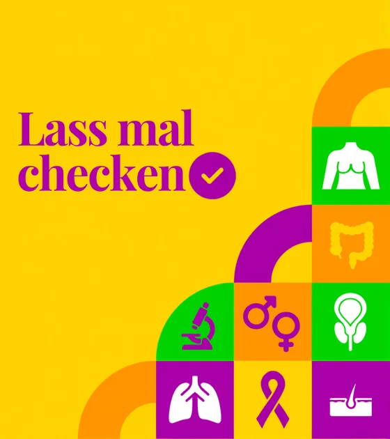 Das Bild zeigt den Schriftzug "Lass mal checken" auf einem gelben Hintergrund. Neben dem Text sind verschiedene medizinische Symbole in bunten Kästchen angeordnet, darunter Icons für Geschlechtsorgane, Lunge, Mikroskop und Gesundheitsformate.