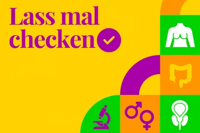Das Bild zeigt den Schriftzug "Lass mal checken" auf einem gelben Hintergrund. Neben dem Text sind verschiedene medizinische Symbole in bunten Kästchen angeordnet, darunter Icons für Geschlechtsorgane, Lunge, Mikroskop und Gesundheitsformate.