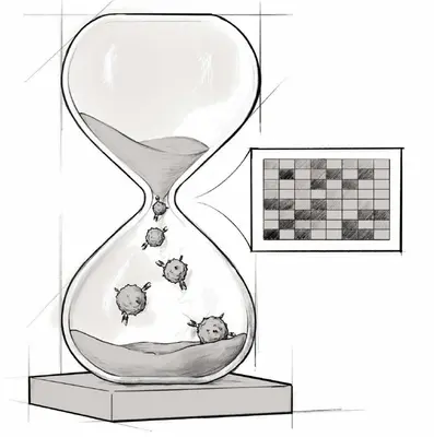 Eine Sanduhr mit schwebenden Viren im oberen Teil und Sand, der langsam nach unten fließt. Rechts daneben ist ein grafisches Element mit einem Muster aus schwarzen und grauen Kästchen. Das Bild symbolisiert möglicherweise die Zeit und ihre Beziehung zu Viren oder Krankheiten.
