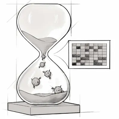 Eine Sanduhr mit schwebenden Viren im oberen Teil und Sand, der langsam nach unten fließt. Rechts daneben ist ein grafisches Element mit einem Muster aus schwarzen und grauen Kästchen. Das Bild symbolisiert möglicherweise die Zeit und ihre Beziehung zu Viren oder Krankheiten.