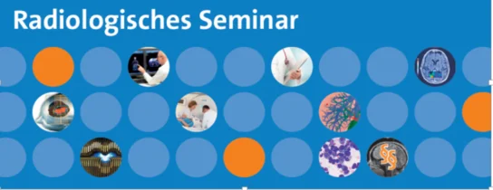 Das Bild zeigt ein radiologisches Seminar mit einer Reihe von Kreisen, die verschiedene fachspezifische Motive darstellen, darunter diagnostische Arbeiten und medizinische Bilder. Die Farbgestaltung umfasst Blautöne und rote Akzente, die eine moderne und einladende Atmosphäre schaffen.