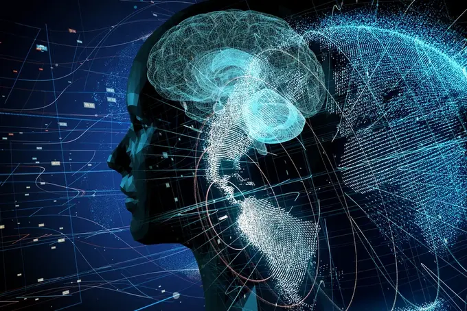 Eine stilisierte Darstellung eines menschlichen Kopfes im Profil, dessen Gehirn mit leuchtenden, digitalen Elementen angereichert ist. Im Hintergrund sind Datenströme und eine Weltkarte zu sehen, die das Zusammenspiel von Technologie und Wissen symbolisieren.