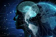 Eine stilisierte Darstellung eines menschlichen Kopfes im Profil, dessen Gehirn mit leuchtenden, digitalen Elementen angereichert ist. Im Hintergrund sind Datenströme und eine Weltkarte zu sehen, die das Zusammenspiel von Technologie und Wissen symbolisieren.