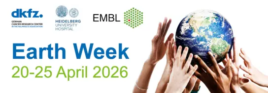 Hands hold the Earth. DKFZ, UKHD, and EMBL Logos.