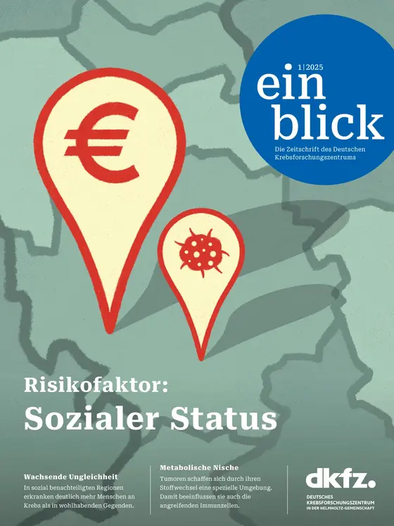 Eine Zeitschrift mit dem Titel "einblick" des Deutschen Krebsforschungszentrums. Auf dem Cover sind zwei Sprechblasen abgebildet: eine mit einem Euro-Zeichen und die andere mit einem Symbol, das Krankheit darstellt. Das Thema ist "Risikofaktor: Sozialer Status".