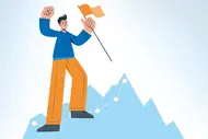 Illustrierte Person steht triumphierend auf einem Gipfel und hält eine Fahne in der Hand. Er zeigt mit einer Hand nach oben und steht auf einer blauen Bergspitze, die von einer graphischen Linie umgeben ist.