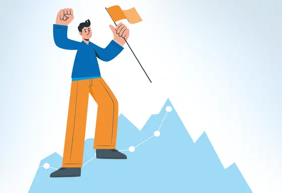 Illustrierte Person steht triumphierend auf einem Gipfel und hält eine Fahne in der Hand. Er zeigt mit einer Hand nach oben und steht auf einer blauen Bergspitze, die von einer graphischen Linie umgeben ist.