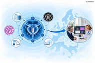 Eine grafische Darstellung, die ein zentrales wissenschaftliches Konzept zeigt. Rings um das zentrale Symbol sind verschiedene Aspekte wie Datenanalyse, medizinische Bilder und Forschungsberichte angeordnet. In einem separaten Bereich wird ein Gespräch zwischen zwei Medizinern über digitale Bildschirme dargestellt, im Hintergrund eine Karte von Europa.