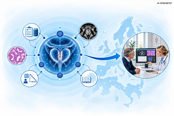 Eine grafische Darstellung, die ein zentrales wissenschaftliches Konzept zeigt. Rings um das zentrale Symbol sind verschiedene Aspekte wie Datenanalyse, medizinische Bilder und Forschungsberichte angeordnet. In einem separaten Bereich wird ein Gespräch zwischen zwei Medizinern über digitale Bildschirme dargestellt, im Hintergrund eine Karte von Europa.