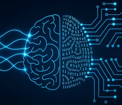 Eine grafische Darstellung zeigt ein Gehirn auf der linken Seite, das mit blauen Linien verbunden ist. Auf der rechten Seite sind binäre Codes und Schaltkreis-Muster zu sehen. Das Bild symbolisiert die Verbindung zwischen menschlichem Denken und digitaler Technologie.