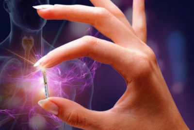Eine Hand hält eine Spritze, die auf eine leuchtende Stelle im Brustbereich eines schematischen menschlichen Körpers zeigt. Der Hintergrund ist dunkel und vermittelt eine futuristische Atmosphäre.