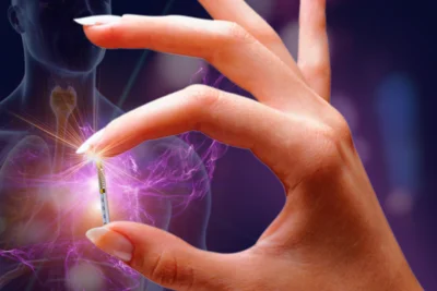 Eine Hand hält eine Spritze, die auf eine leuchtende Stelle im Brustbereich eines schematischen menschlichen Körpers zeigt. Der Hintergrund ist dunkel und vermittelt eine futuristische Atmosphäre.