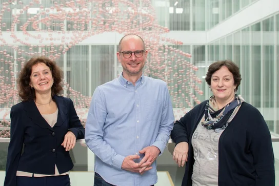 Drei Personen stehen lächelnd vor einer modernen architektonischen Kulisse mit einer kunstvollen Installation im Hintergrund. Die Person links trägt eine dunkle Jacke, die in der Mitte ein hellblaues Hemd und die Person rechts einen dunklen Mantel mit einem Schal.