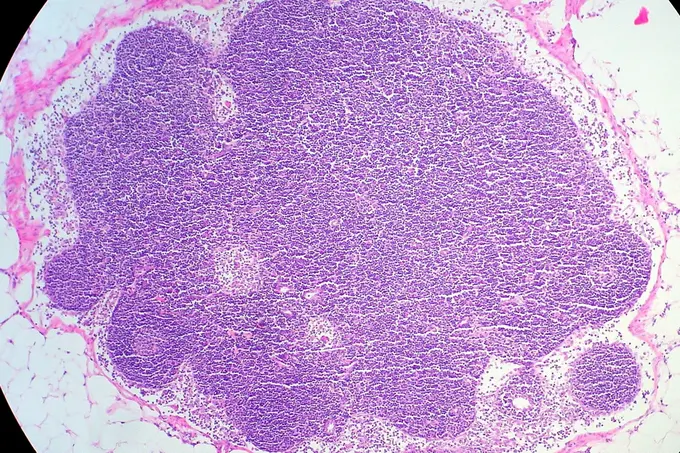 Mikroskopische Aufnahme eines Gewebes mit einer großen, lila gefärbten Zellansammlung, umgeben von helleren, fettigen Bereichen. Die Struktur zeigt eine dichte, homogene Massenanordnung, die auf histologische Merkmale hinweist.