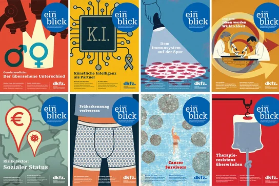 Verschiedene Cover des DKFZ-Magazins einblick der Jahre 2020 bis 2026