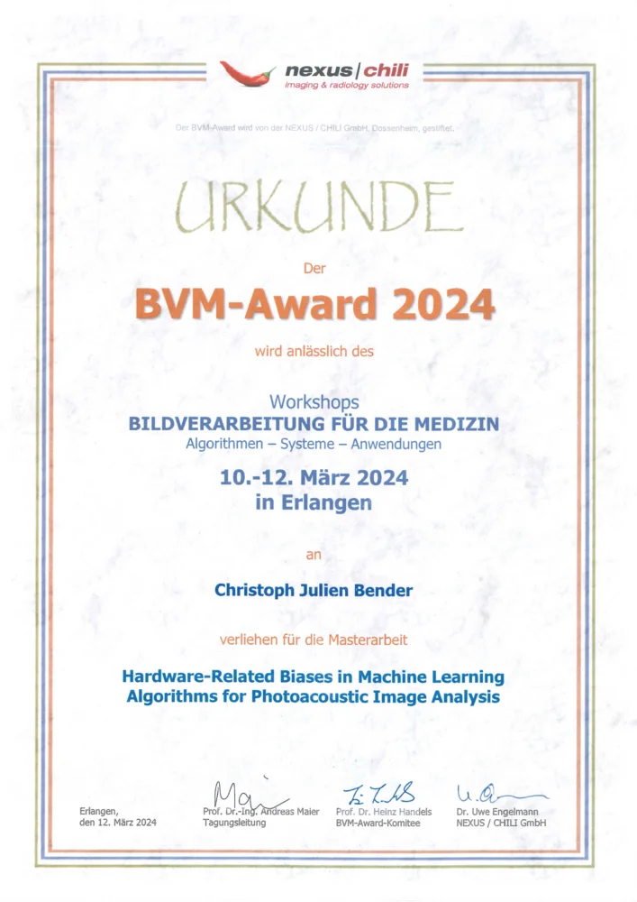 Certificate awarded for the BVM-Award 2024 to Christoph Julien Bender for the master's thesis on "Hardware-Related Biases in Machine Learning Algorithms for Photoacoustic Image Analysis," presented during the workshop on medical image processing from March 10-12, 2024, in Erlangen.