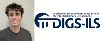 Ein junger Mann mit lockigem, braunem Haar lächelt in die Kamera. Neben ihm befindet sich das Logo der Dresden International Graduate School for Interdisciplinary Life Sciences (DIGS-ILS). Das Logo zeigt stilisierte Gebäudestrukturen und den Schriftzug "DIGS-ILS".