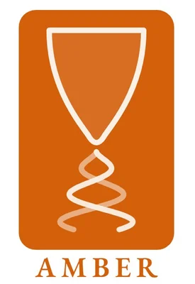 Ein orangefarbenes Logo mit einer stilisierten Weinglasform oben und einer spiralförmigen Linie darunter. Darunter steht der Schriftzug „AMBER“ in Großbuchstaben.