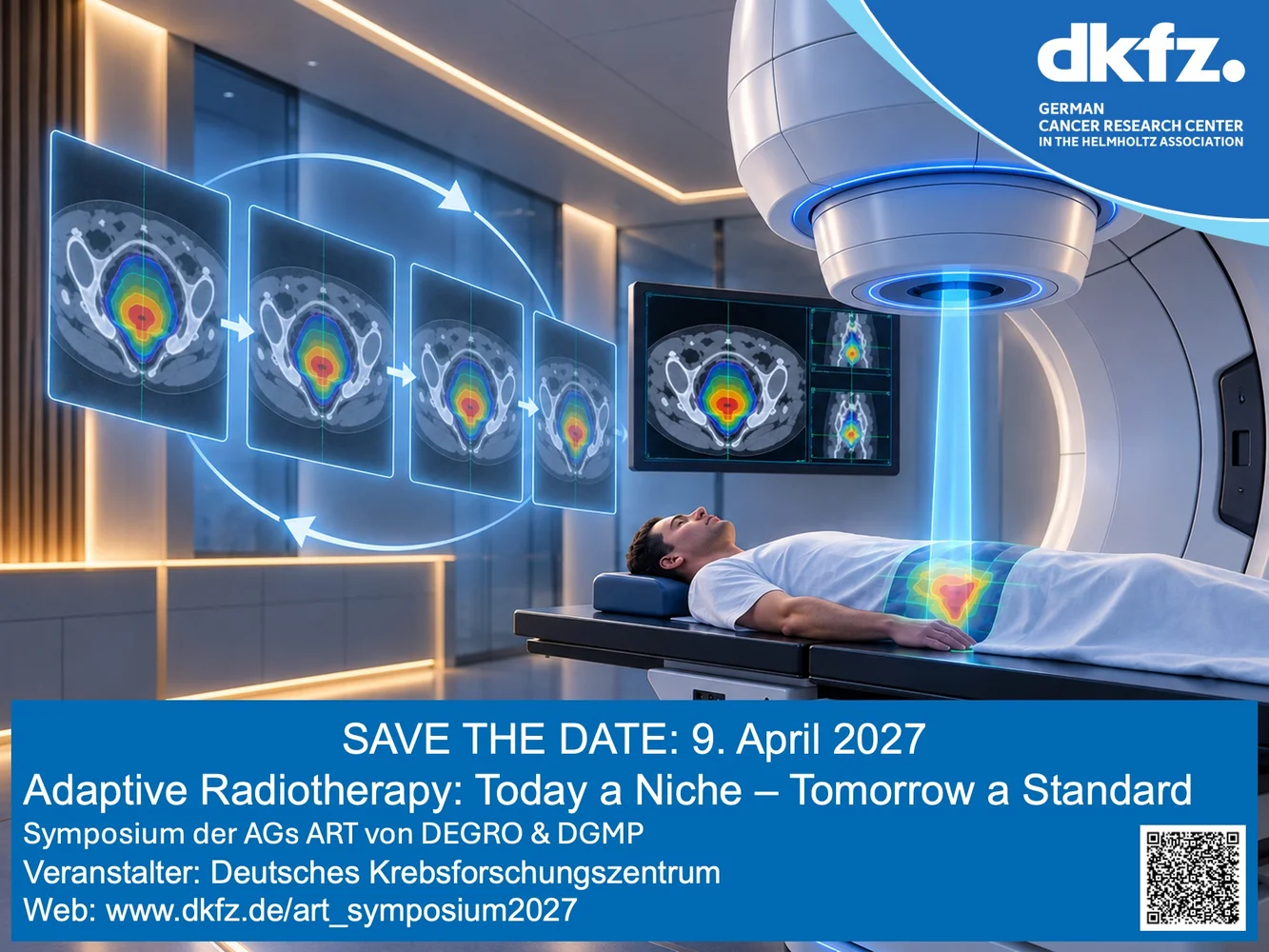 Eine Person liegt auf einem Behandlungstisch in einem modernen Radiotherapieraum. An der Wand sind hochentwickelte bildgebende Systeme zu sehen, die detaillierte Strahlungspläne anzeigen. Im unteren Bereich steht der Text mit Informationen zum Symposium über adaptive Radiotherapie am 9. April 2027.