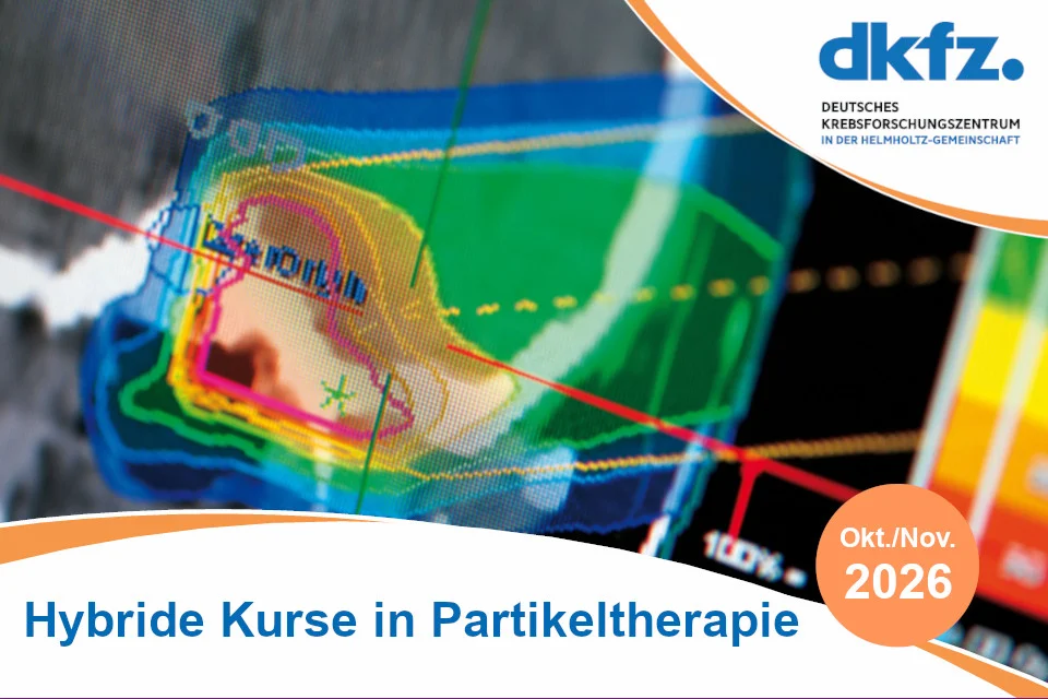 Grafik mit dem Titel "Hybride Kurse in Partikeltherapie", präsentiert von dkfz. Sie zeigt ein farbenfrohes Diagramm oder Bild, das medizinische Daten oder Simulationen im Bereich der Partikeltherapie darstellt. Im oberen Teil ist das Logo des Deutschen Krebsforschungszentrums zu sehen.