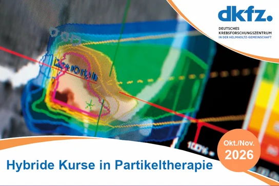 Grafik mit dem Titel "Hybride Kurse in Partikeltherapie", präsentiert von dkfz. Sie zeigt ein farbenfrohes Diagramm oder Bild, das medizinische Daten oder Simulationen im Bereich der Partikeltherapie darstellt. Im oberen Teil ist das Logo des Deutschen Krebsforschungszentrums zu sehen.