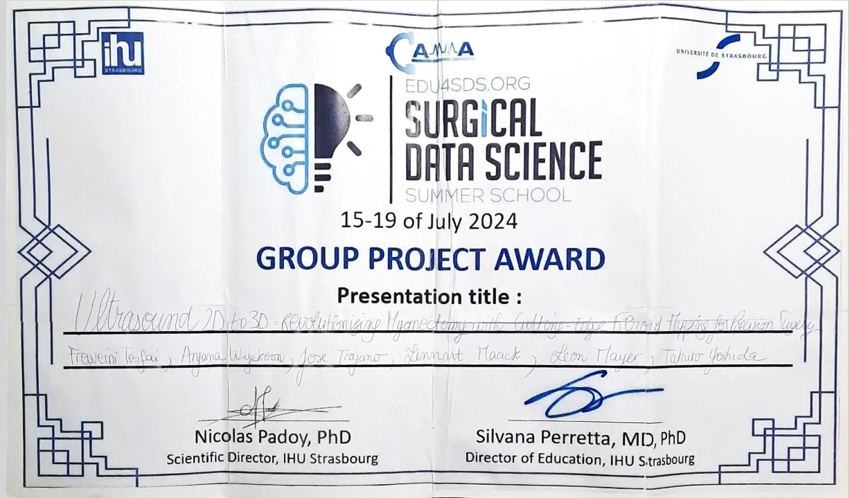 The image displays a certificate for the "Group Project Award" from the Surgical Data Science Summer School, held from July 15-19, 2024. It includes the names of Nicolas Padoy, PhD, and Silvana Perretta, MD, as signatories, along with the presentation title and institutional logo.