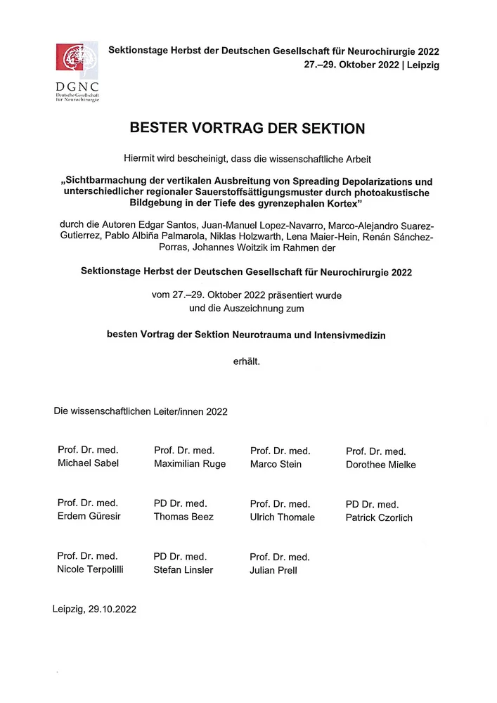 Alternative text: "Certificate recognizing the best presentation at the Herbsttagung of the German Society for Neurosurgery, held from October 27 to 29, 2022, in Leipzig. The title of the presentation is about the expansion of aerosol distribution and photoluminescence imaging in different oxygenation conditions."