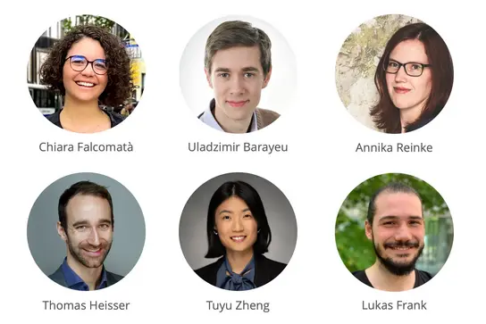 This image features six individual headshots arranged in two rows. The people are identified as Chiara Falcomatà, Uladzimir Barayeu, Annika Reinke, Thomas Heisser, Tuyu Zheng, and Lukas Frank. Each person is smiling and looking towards the camera, conveying a friendly and approachable demeanor.