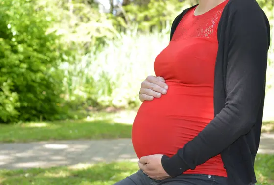 Eine schwangere Frau in einem roten Oberteil sitzt im Freien und hält sanft ihren Bauch. Der Hintergrund zeigt grünes Gras und Bäume. Diese Darstellung symbolisiert Schwangerschaft und Vorfreude auf das Kind, passend zum Thema der aktuellen Pressemitteilung.