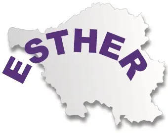 Die Grafik zeigt den Schriftzug "ESTHER" in lila, der über einer schematischen Darstellung einer Region oder eines Gebiets positioniert ist. Der Fokus liegt auf dem Namen, der zentral und deutlich lesbar ist.