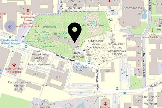Map of the area surrounding the Botanical Garden, highlighting various buildings and pathways. Key features include the garden, medical facilities, and educational institutions, indicated with labels and a prominent marker to show the garden's location.