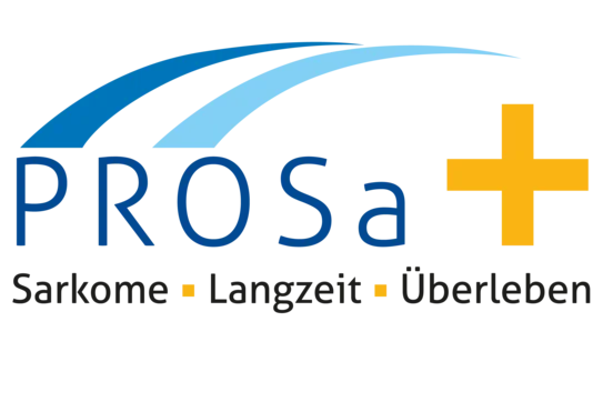 Logo of the PROSA+ study: blue lettering with two curved blue arcs above it and a yellow plus sign; below it reads “Sarcomas, Long-Term, Survival”