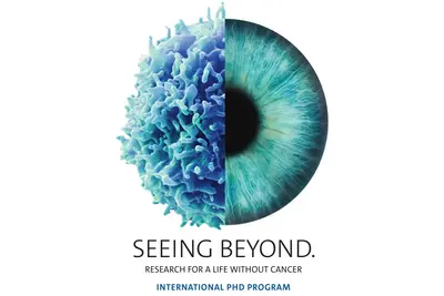 An abstract image split in half: one side features a blue cancer cell, the other a human eye. Below, the text reads "SEEING BEYOND. RESEARCH FOR A LIFE WITHOUT CANCER" and "INTERNATIONAL PHD PROGRAM." The design emphasizes the connection between vision and cancer research.