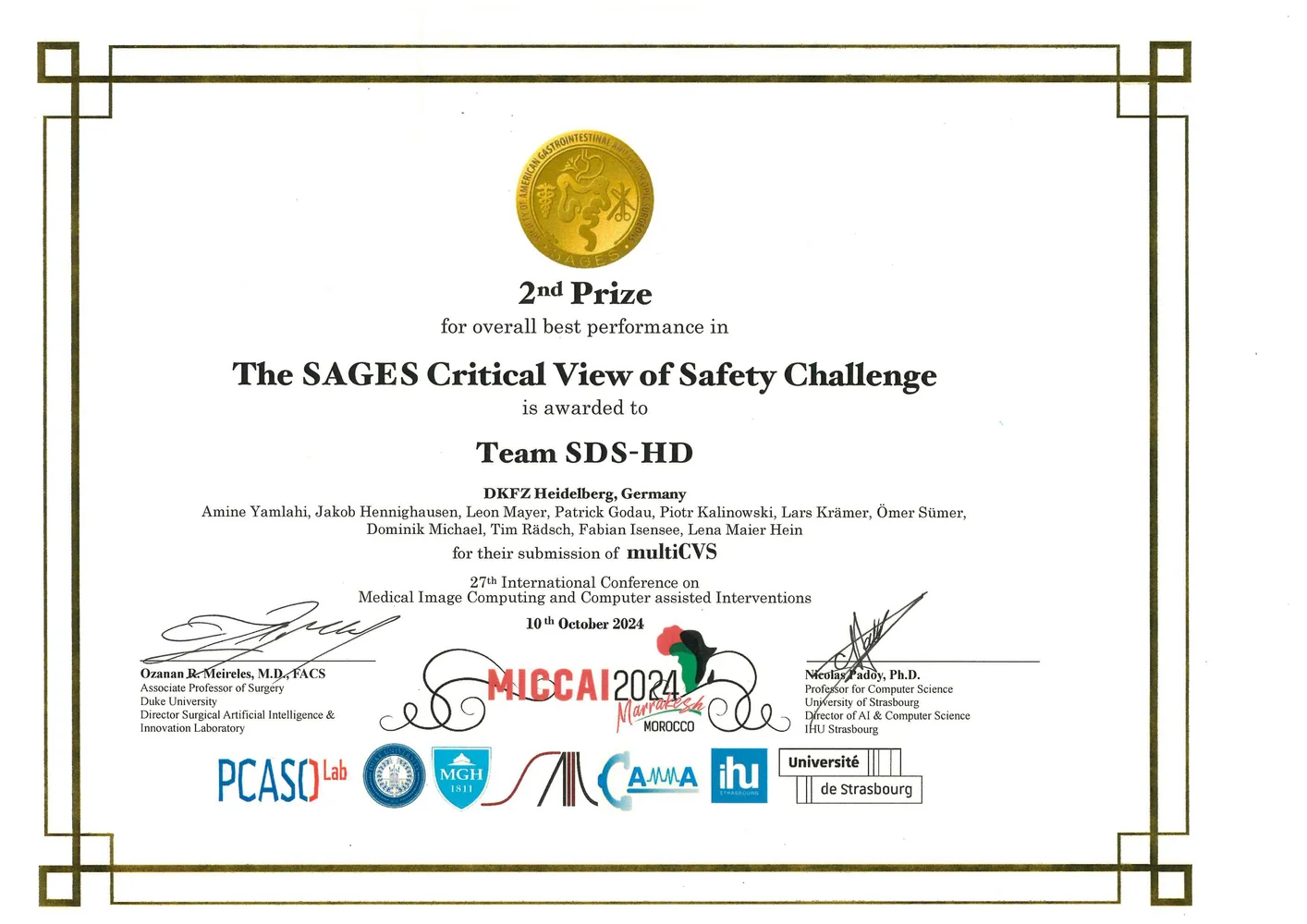 This image is a certificate awarded to Team SDS-HD for achieving 2nd Prize in the SAGES Critical View of Safety Challenge. It includes the team's name, a list of contributors, and details regarding the award event, dated October 10, 2014.